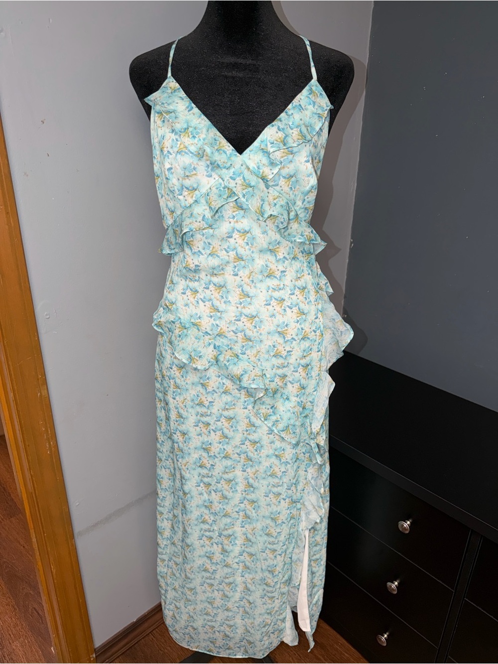 All in Favor Light Blue Floral Ruffle Maxi Dress